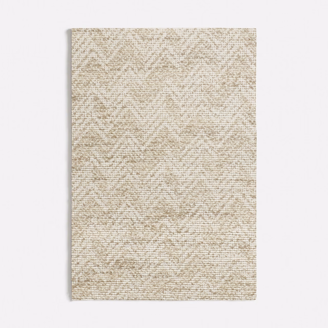 Pale oatmeal-beige woven swatch with broken tonal shapes and nubby texture