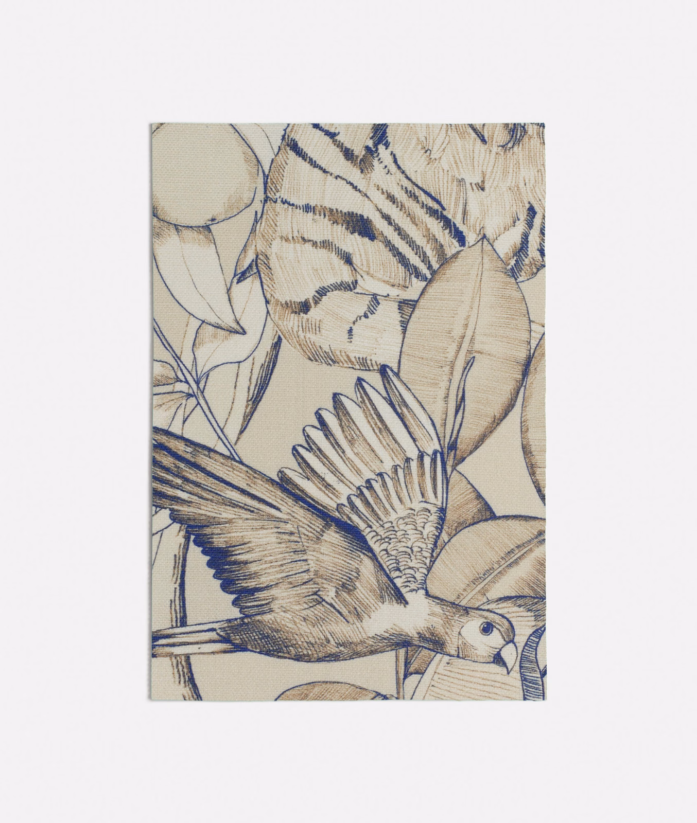 Warm beige fabric with indigo leaves and a flying bird illustration