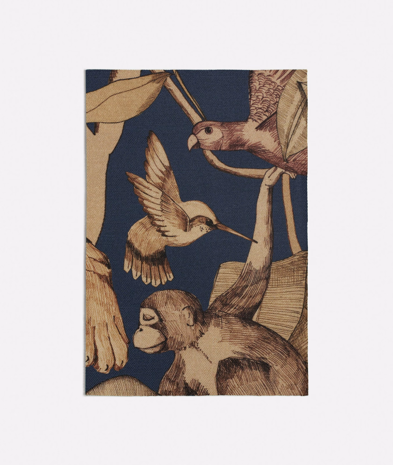 Deep navy fabric with sepia birds, cream wings and illustrated botanical foliage