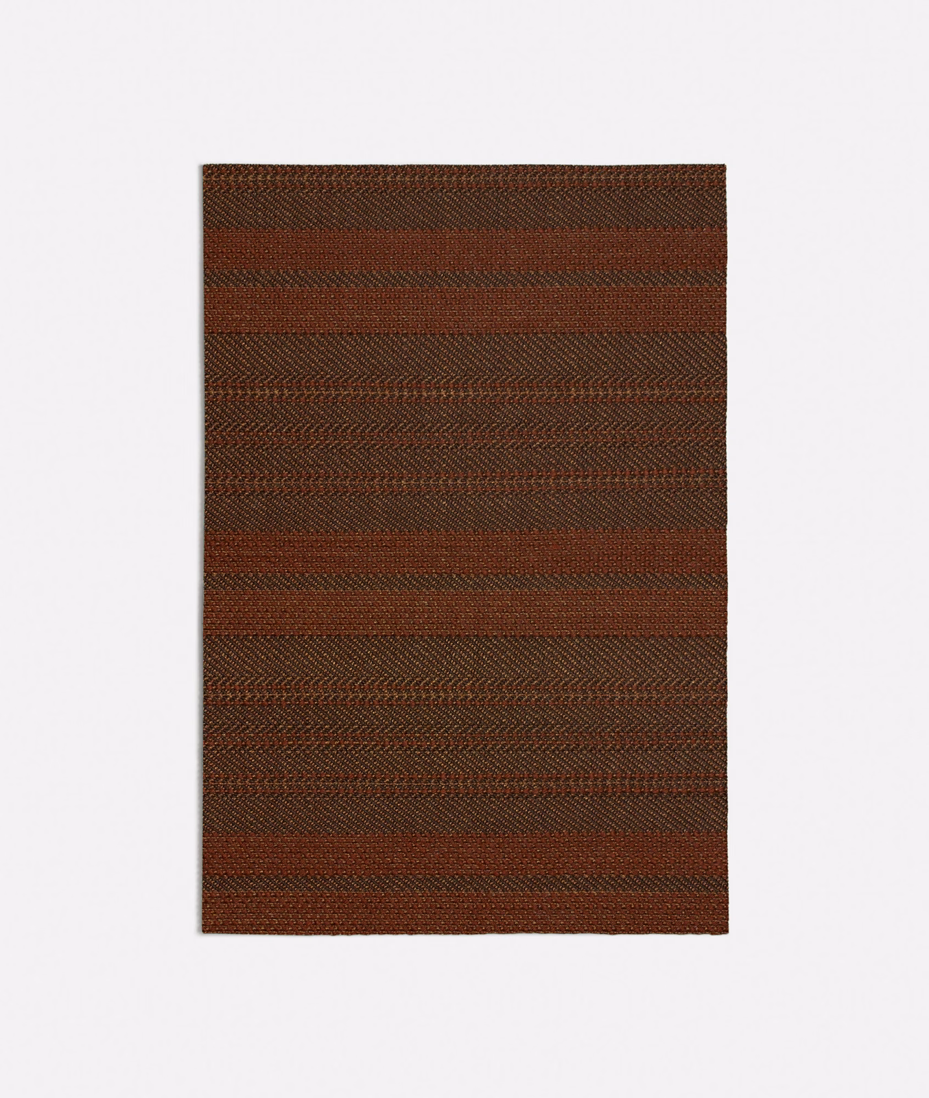 Deep terracotta and brown woven textile with horizontal bands and chevron texture