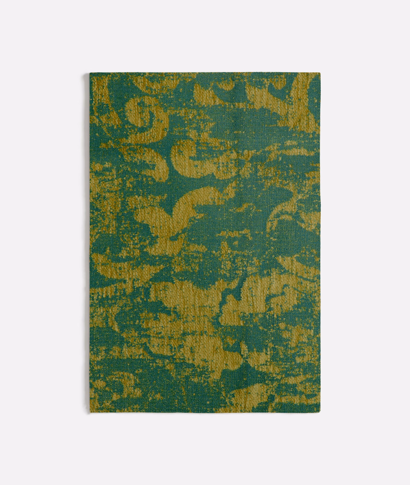 Deep teal woven swatch with distressed mustard-gold abstract scrolling forms