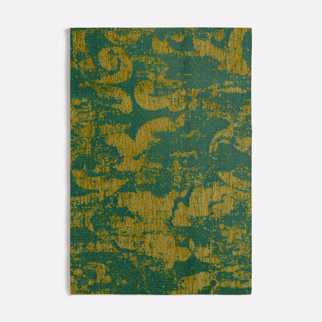 Deep teal woven swatch with distressed mustard-gold abstract scrolling forms