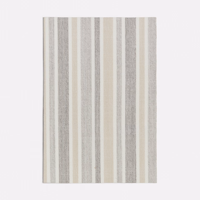Cool grey and ivory vertically striped woven fabric with a softly flecked texture