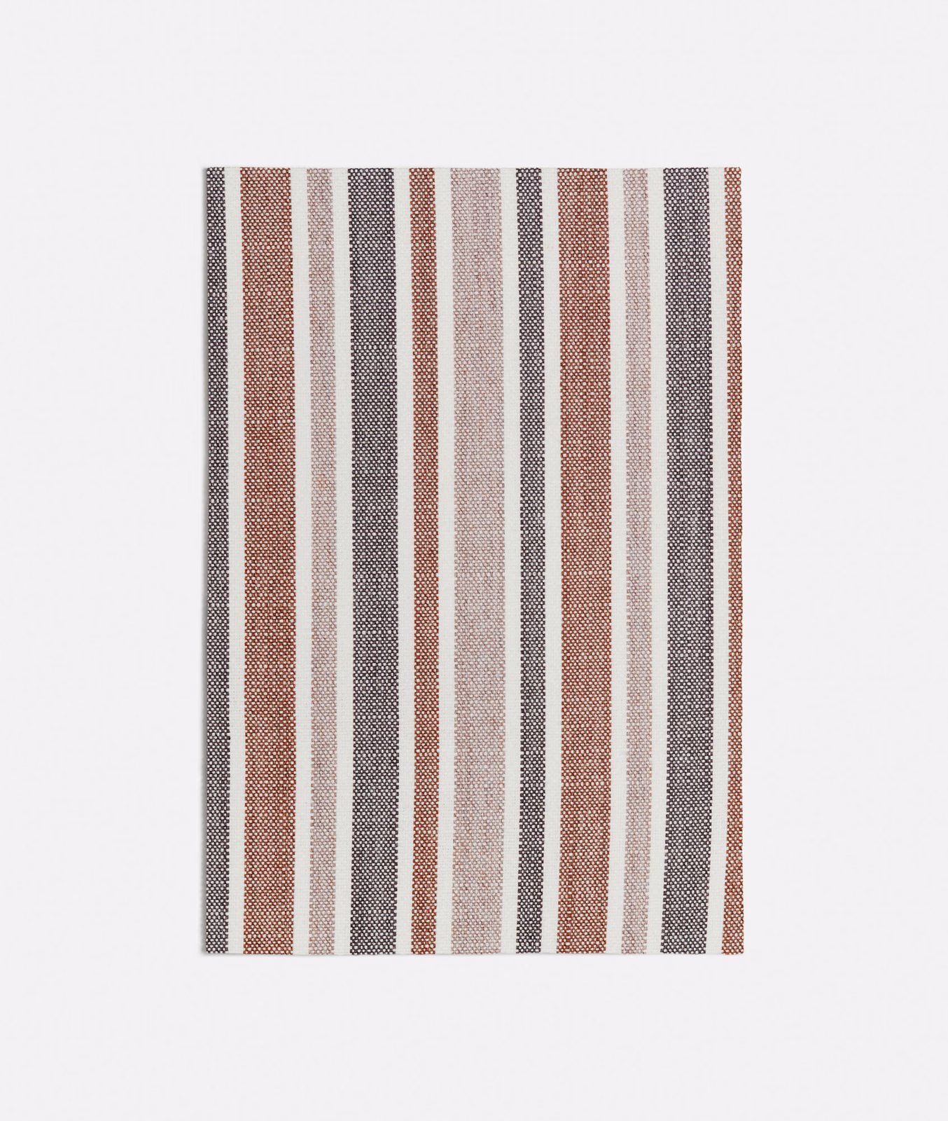 Warm terracotta, charcoal and cream vertical stripes in a fine woven texture