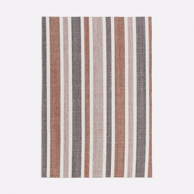 Warm terracotta, charcoal and cream vertical stripes in a fine woven texture