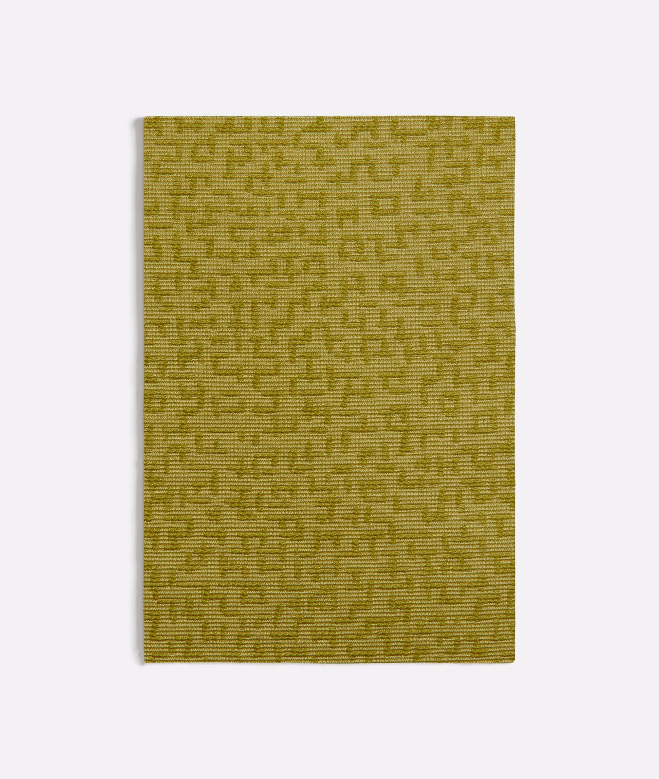 Muted olive-green woven swatch with small irregular geometric maze motifs and fine ribbed texture