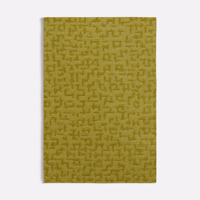 Muted olive-green woven swatch with small irregular geometric maze motifs and fine ribbed texture