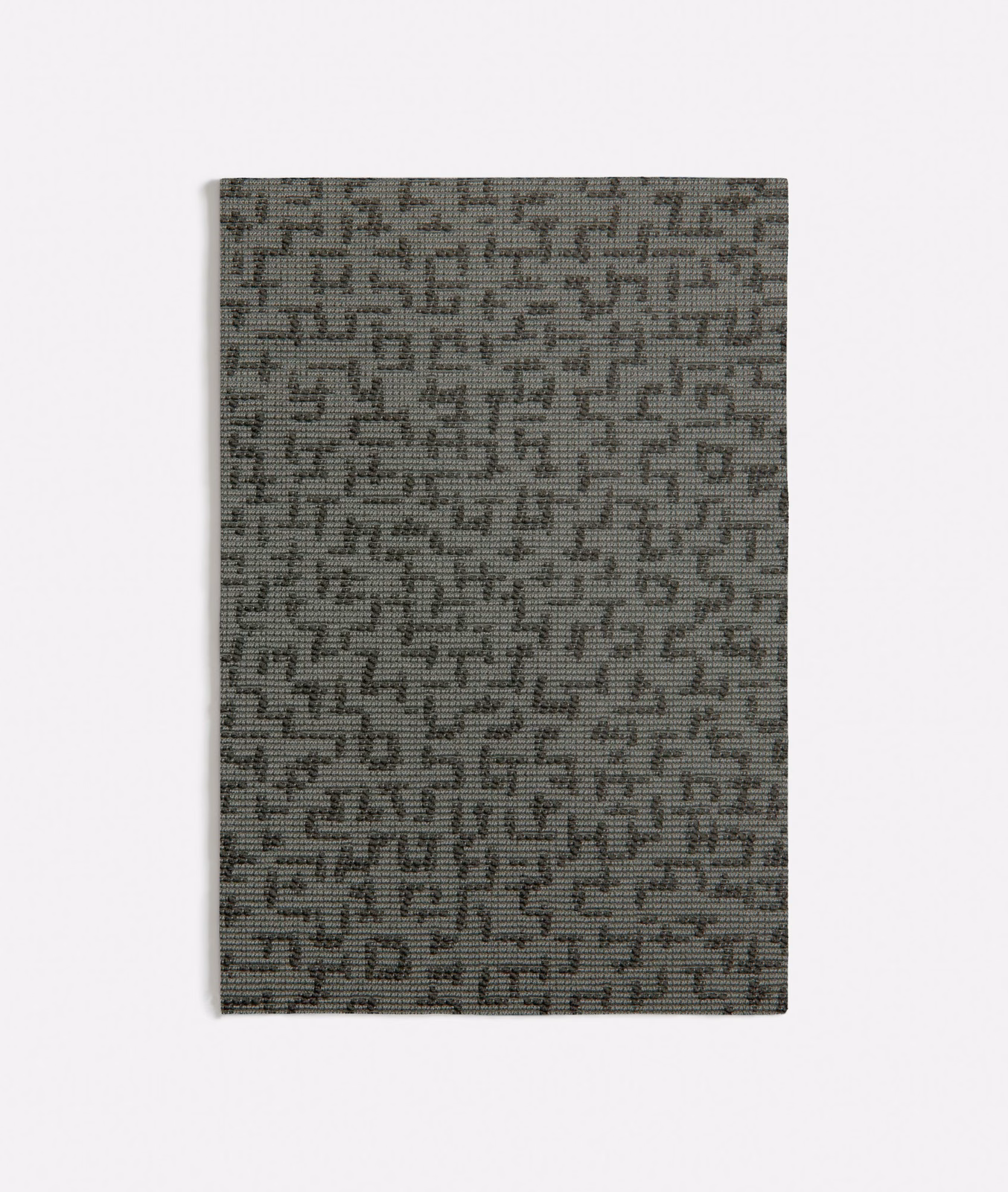 Muted green-grey woven swatch with a dense small-scale maze-like geometric motif