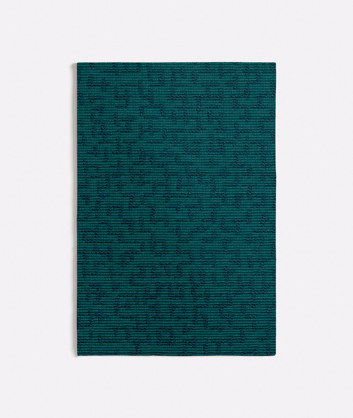 Deep teal fabric swatch with fine horizontal ribs and darker mottled markings