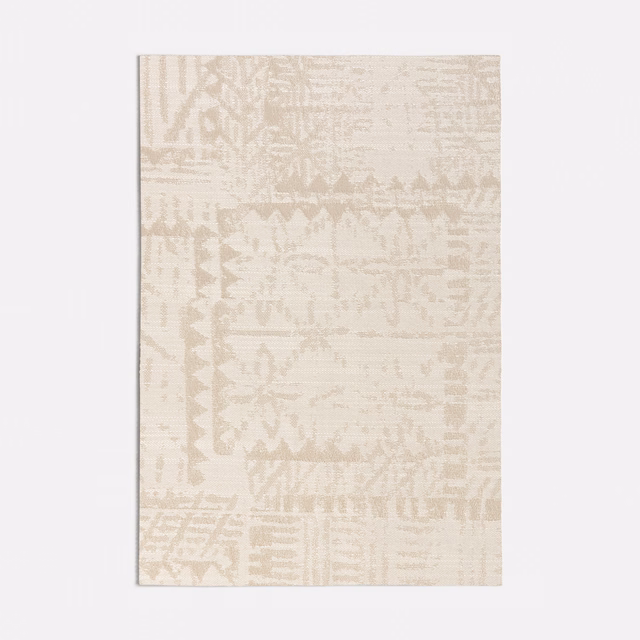 Pale beige woven swatch with distressed horizontal bands and angular geometric marks