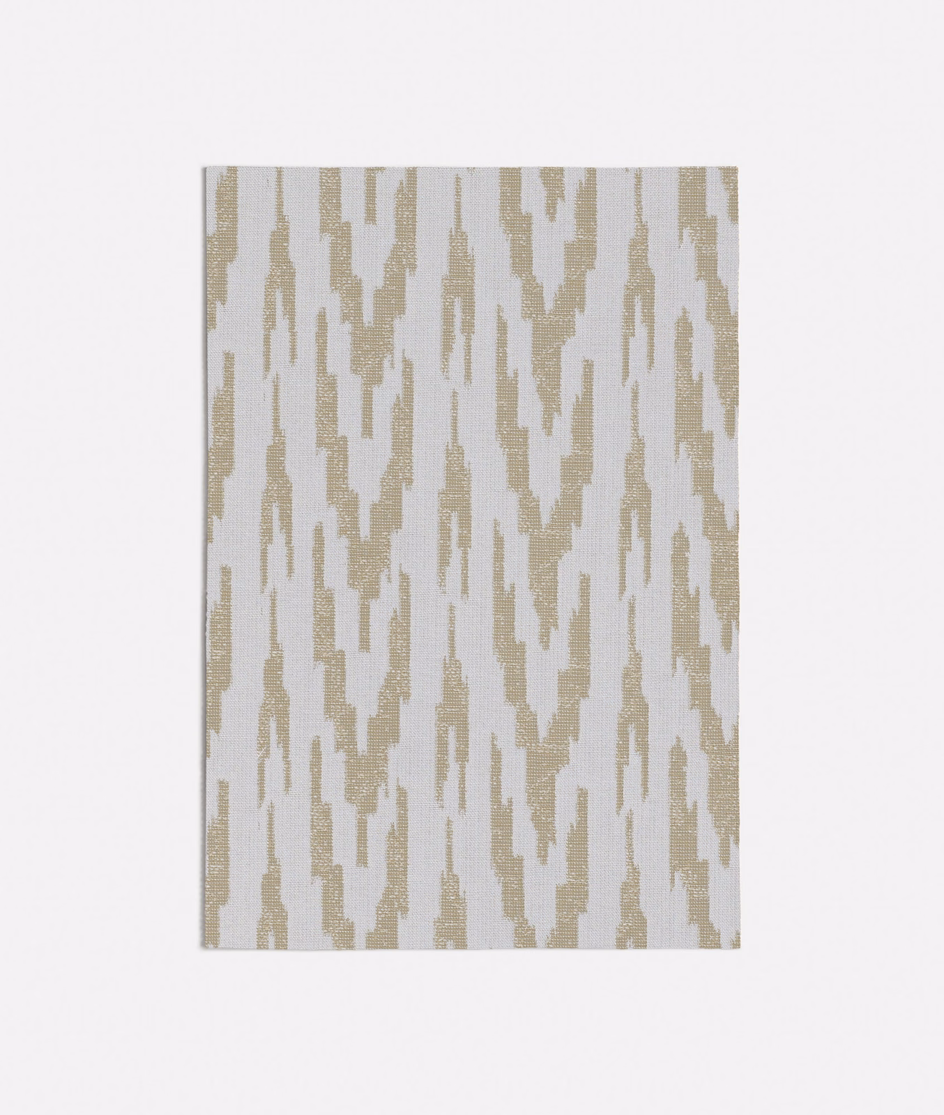 Pale ivory woven ikat with vertical oatmeal-taupe broken motifs and subtle texture