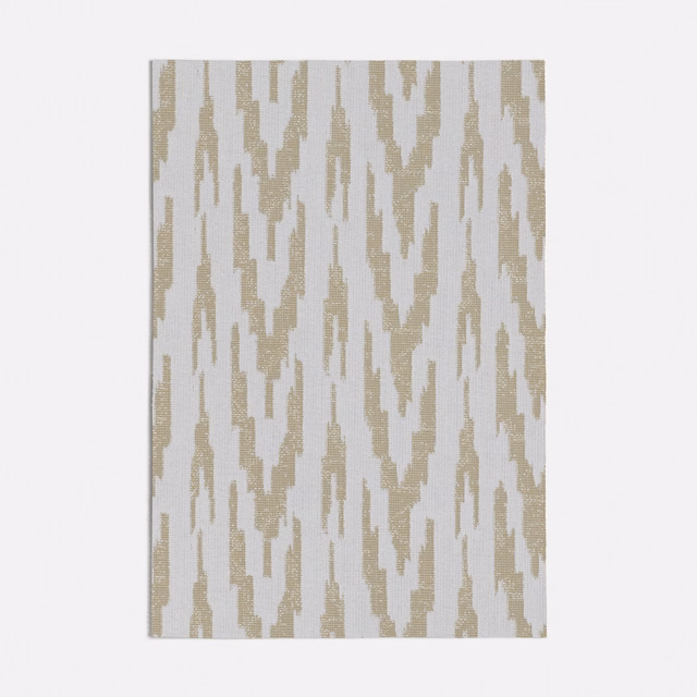 Pale ivory woven ikat with vertical oatmeal-taupe broken motifs and subtle texture