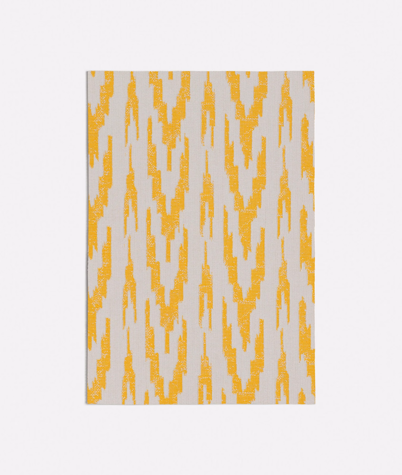 Ochre-yellow broken ikat stripes on a pale grey textured woven ground