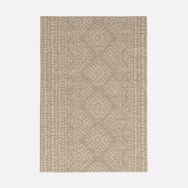 Warm taupe-beige woven swatch with pale geometric diamonds and mottled texture