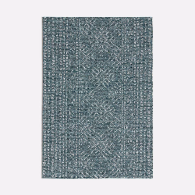 Muted seafoam woven swatch with central zigzag diamonds and mottled teal texture