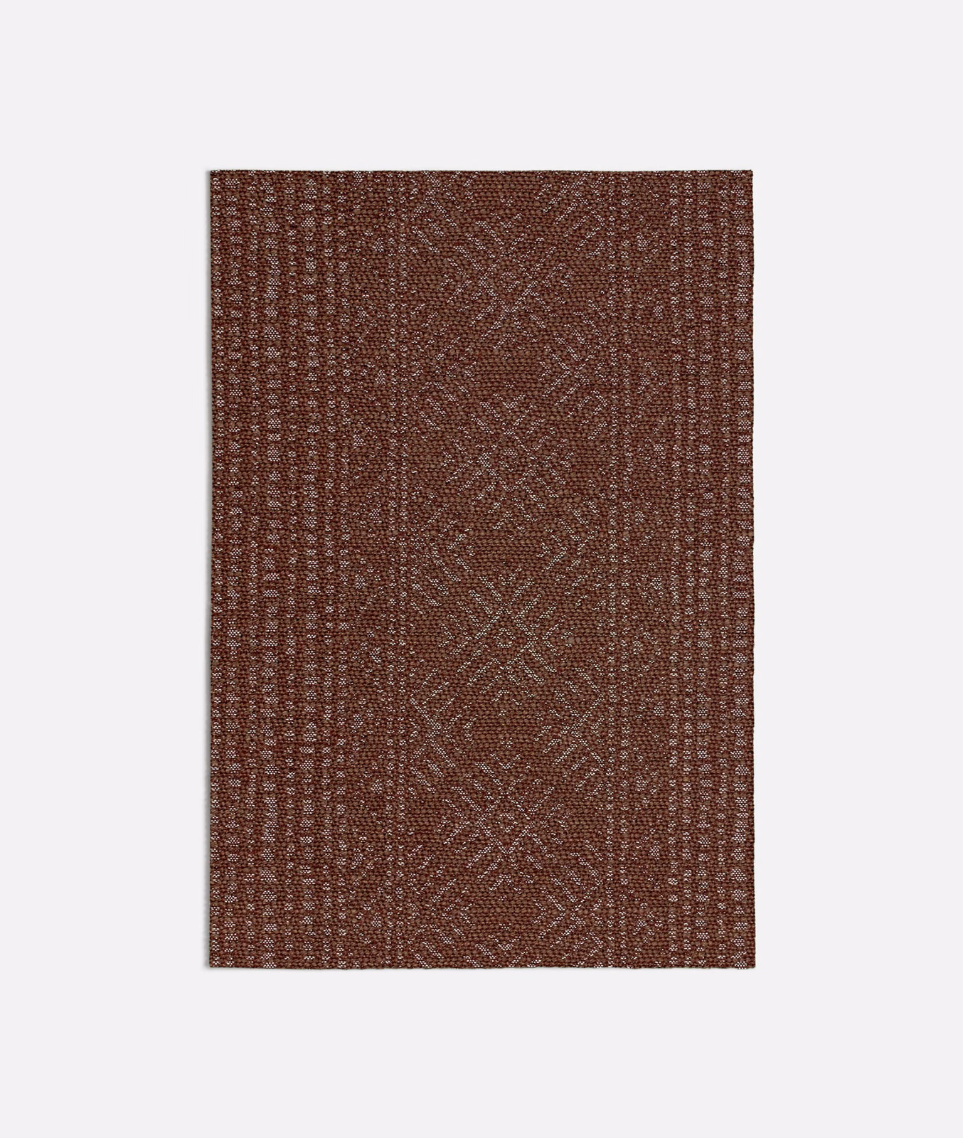 Warm red-brown woven swatch with vertical bands and subtle diamond motifs