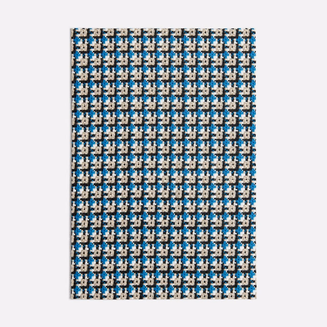 Small-scale beige, turquoise and charcoal geometric fabric with a tightly textured woven surface