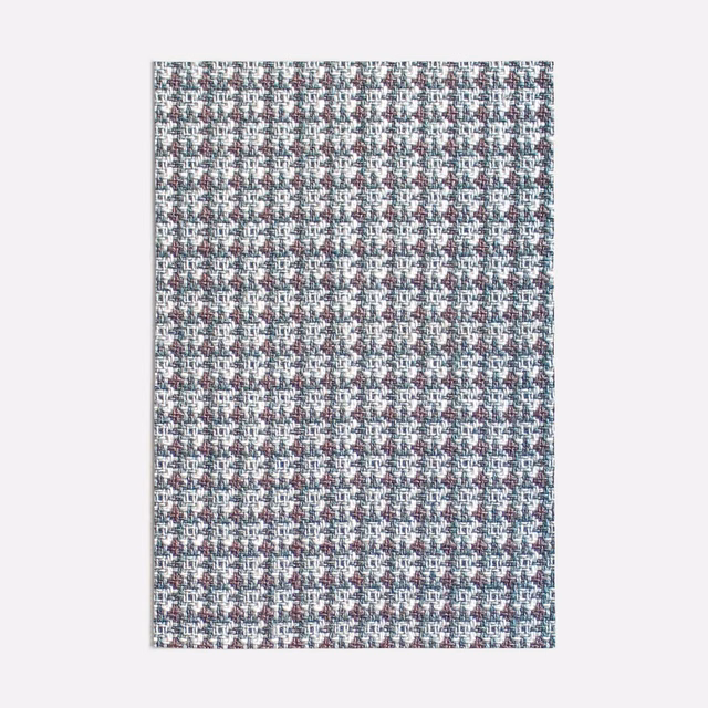 Close view of muted seafoam tweed weave with white, charcoal and burgundy flecks.