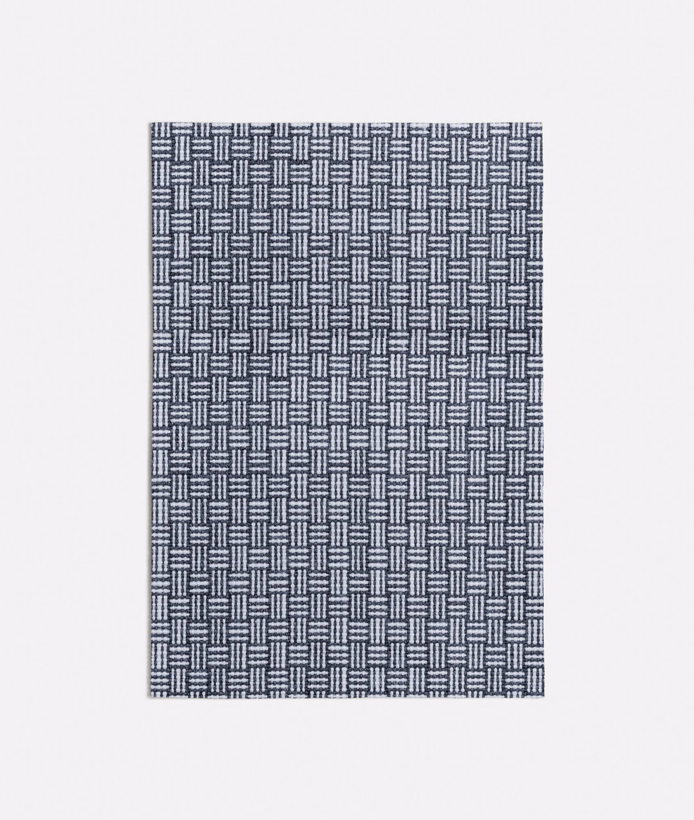 Dark navy woven swatch with pale dashed bars forming a compact geometric grid