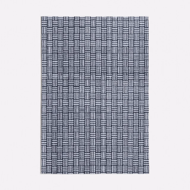 Dark navy woven swatch with pale dashed bars forming a compact geometric grid