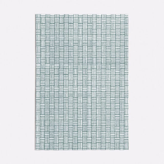 Cool seafoam and ivory woven grid with tightly repeated geometric blocks
