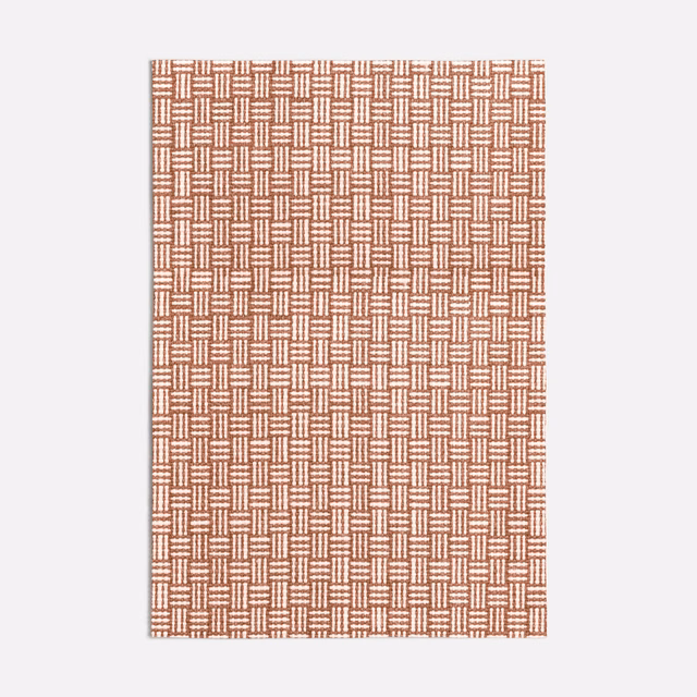 Terracotta woven swatch with a small repeating cream basket-weave geometric motif