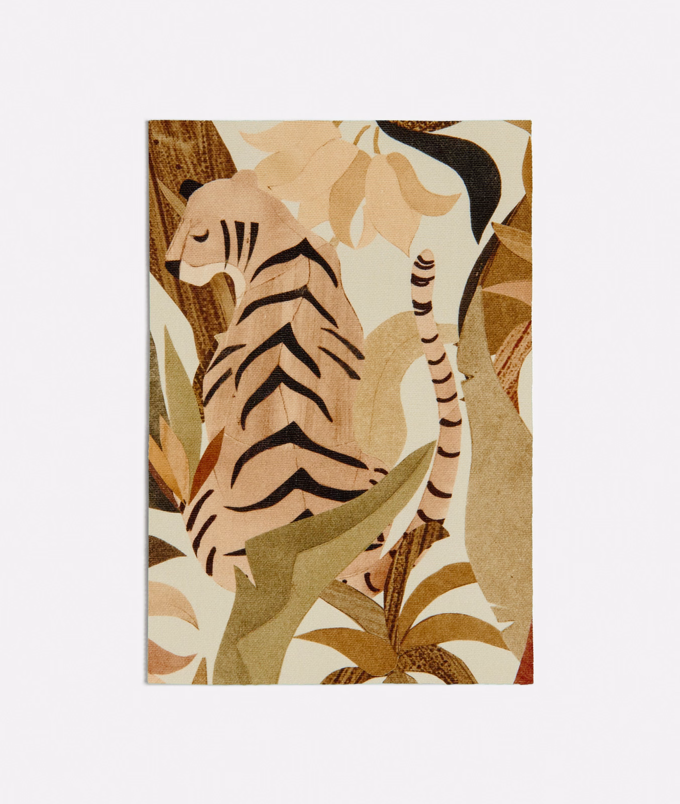 Warm beige jungle fabric with a striped tiger, leafy forms and olive accents