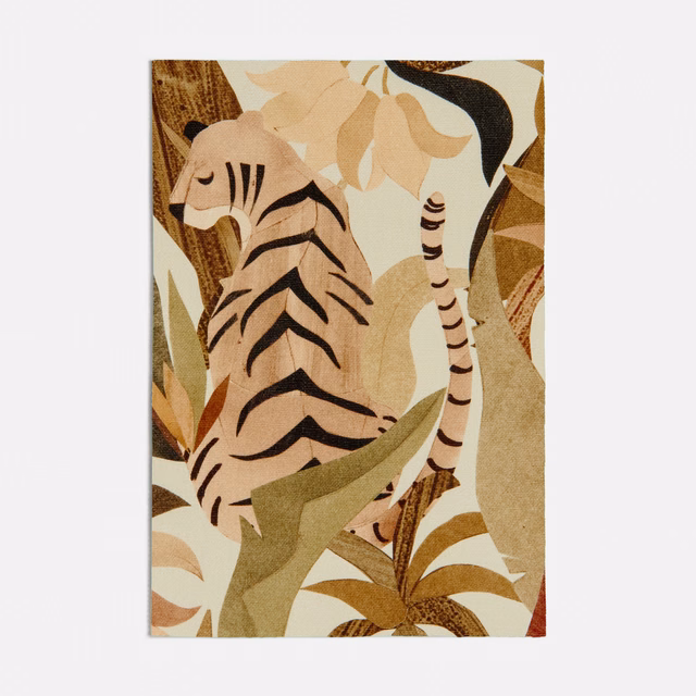Warm beige jungle fabric with a striped tiger, leafy forms and olive accents