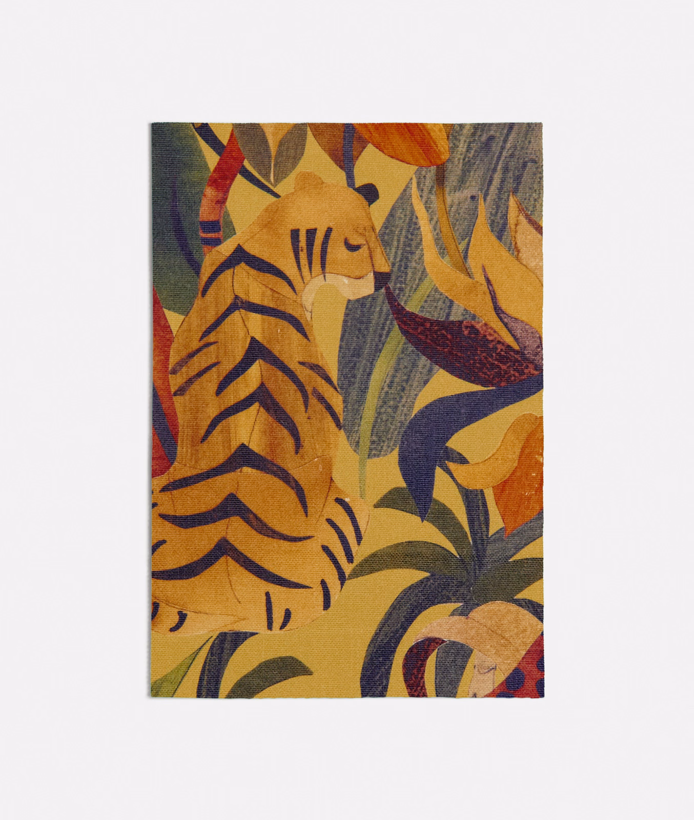 Ochre yellow jungle textile with a striped tiger, curling leaves and navy accents