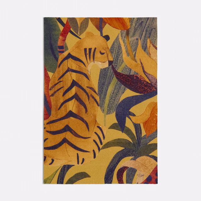 Ochre yellow jungle textile with a striped tiger, curling leaves and navy accents