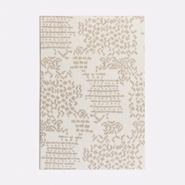 Warm beige swatch with taupe script bands and distressed floral ornament