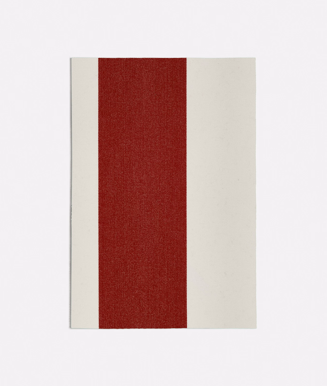 Deep red central stripe flanked by warm ivory panels in a fine woven fabric
