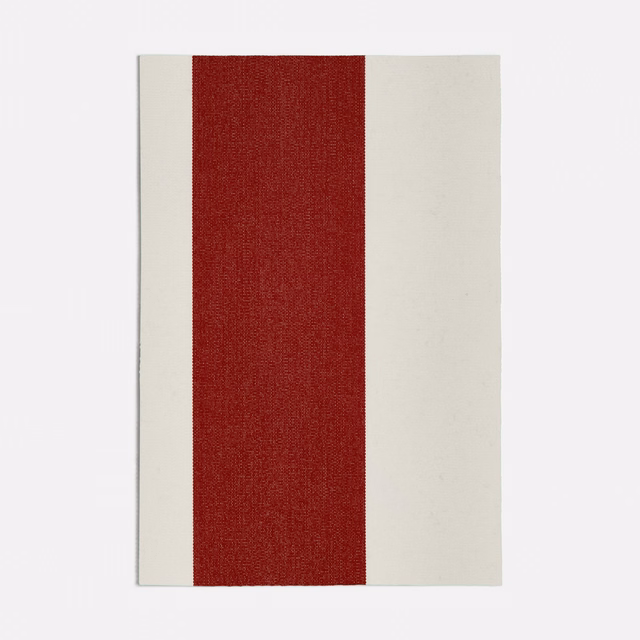 Deep red central stripe flanked by warm ivory panels in a fine woven fabric