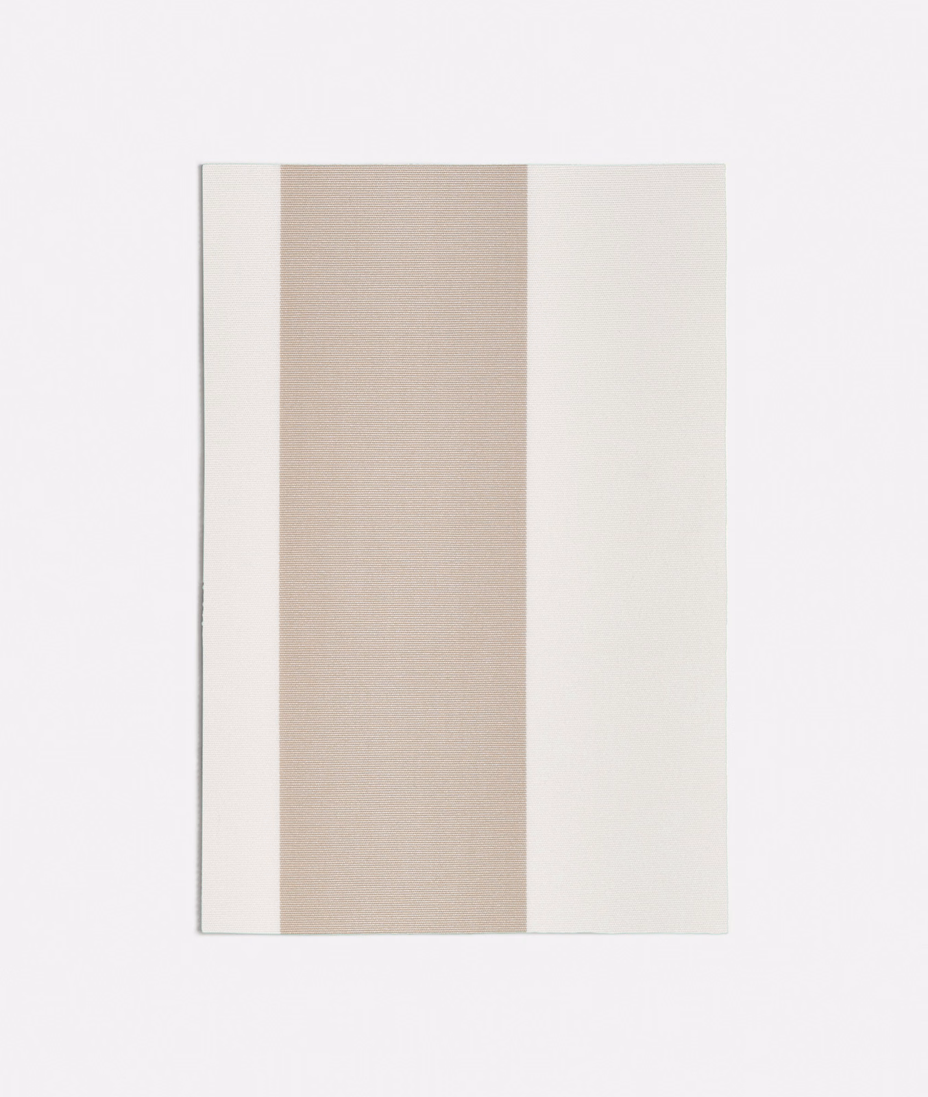 Warm sand beige fabric with broad ivory vertical side stripes and subtle woven texture