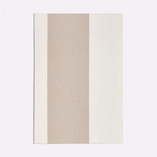 Warm sand beige fabric with broad ivory vertical side stripes and subtle woven texture
