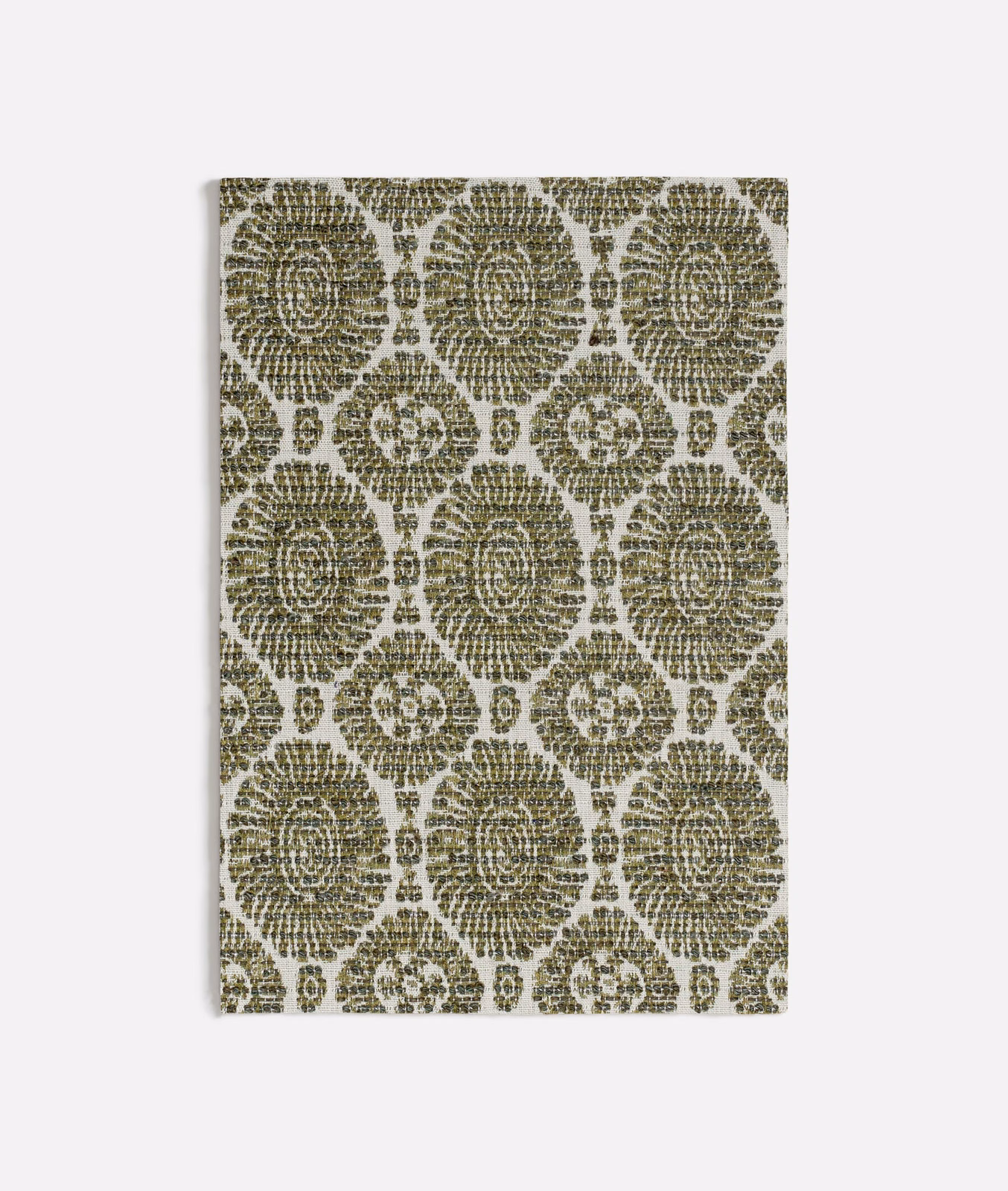Muted olive floral medallions woven across a pale grey-cream ground