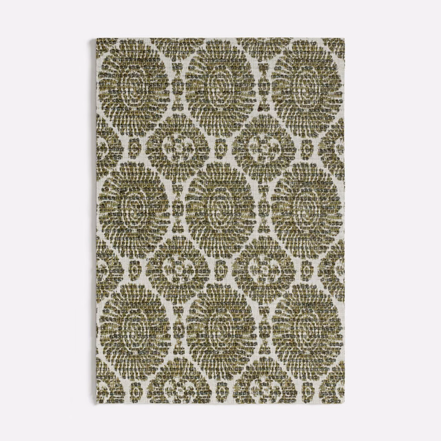 Muted olive floral medallions woven across a pale grey-cream ground