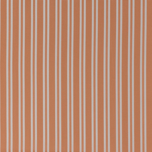 Dusty peach terracotta fabric with narrow pale blue-grey vertical stripes and fine woven texture