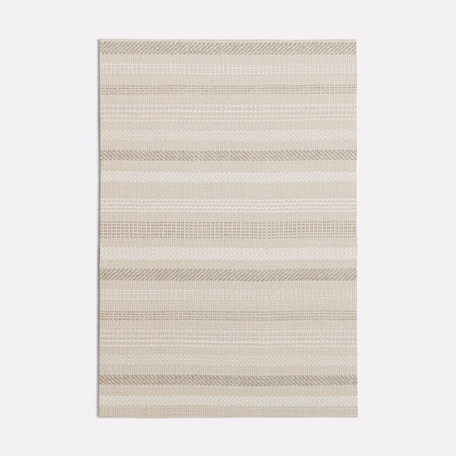 Ivory beige woven stripe with fine horizontal lines and chevron-textured bands