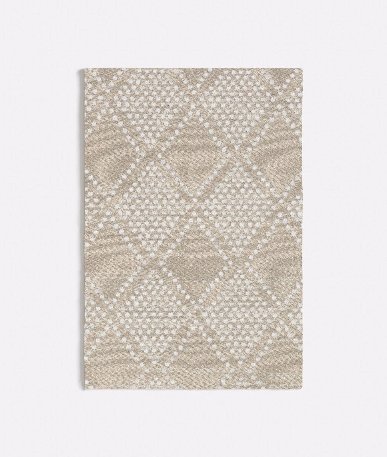 Warm beige woven swatch with an ivory dotted diamond lattice motif
