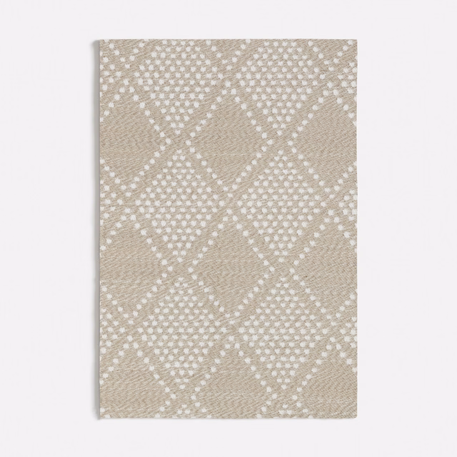 Warm beige woven swatch with an ivory dotted diamond lattice motif