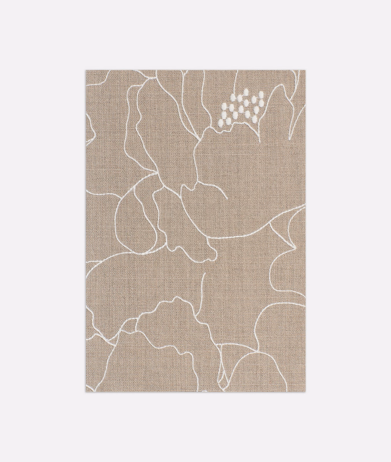 Warm taupe woven fabric with large ivory outlined flowers and clustered botanical detail