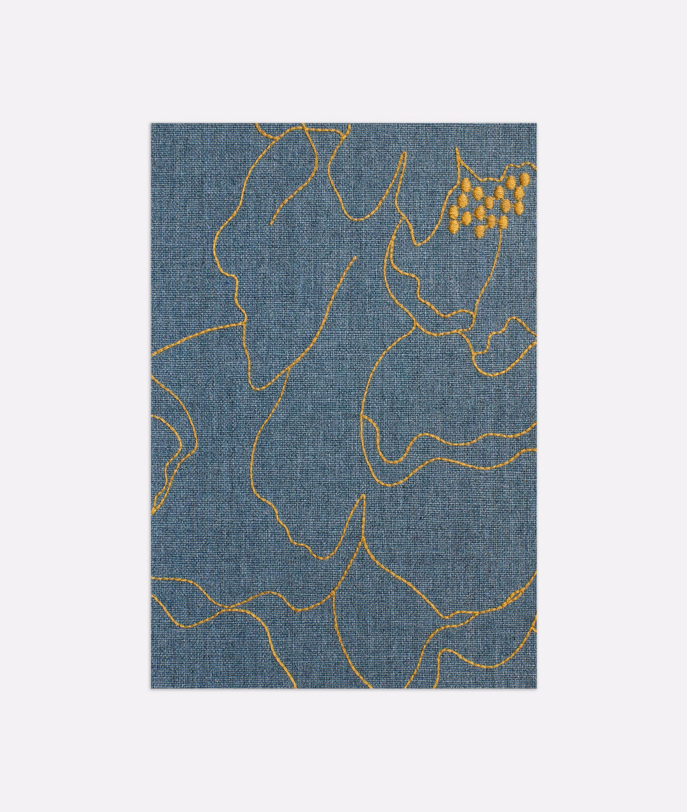 Blue-seafoam woven fabric with fluid gold lines and clustered abstract botanical marks