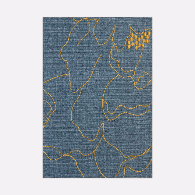 Blue-seafoam woven fabric with fluid gold lines and clustered abstract botanical marks