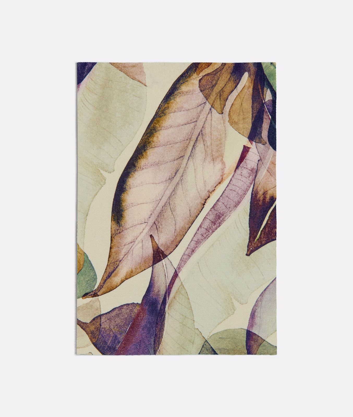 Muted plum and lilac monstera leaves layered over a warm cream ground