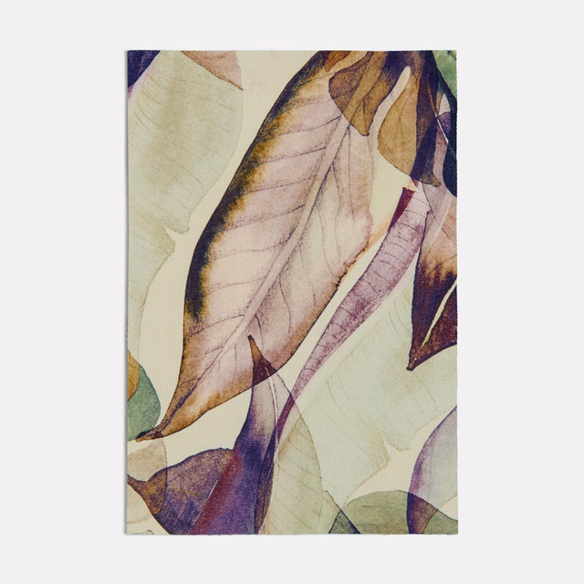 Muted plum and lilac monstera leaves layered over a warm cream ground