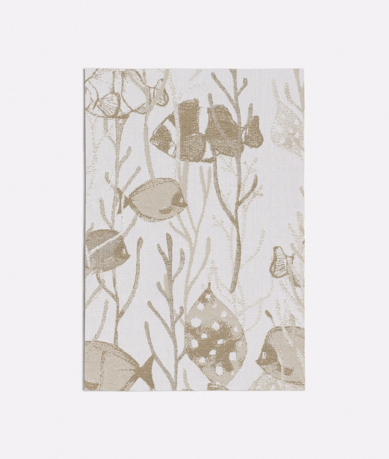 Pale linen-toned woven swatch with taupe fish, seaweed and shell motifs