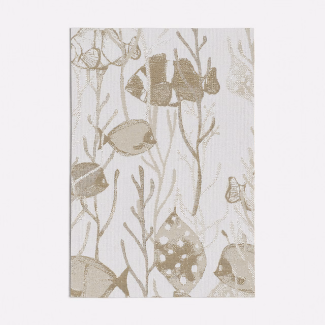 Pale linen-toned woven swatch with taupe fish, seaweed and shell motifs