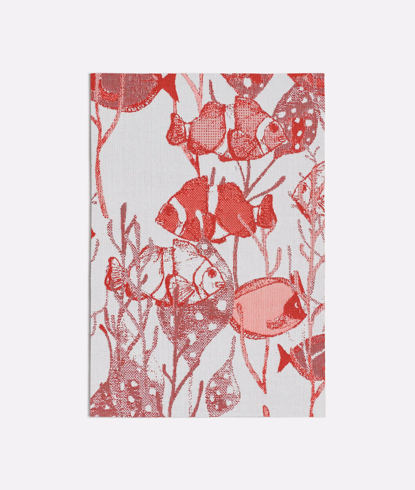 Crimson botanical stems and flower heads on a pale grey textile ground