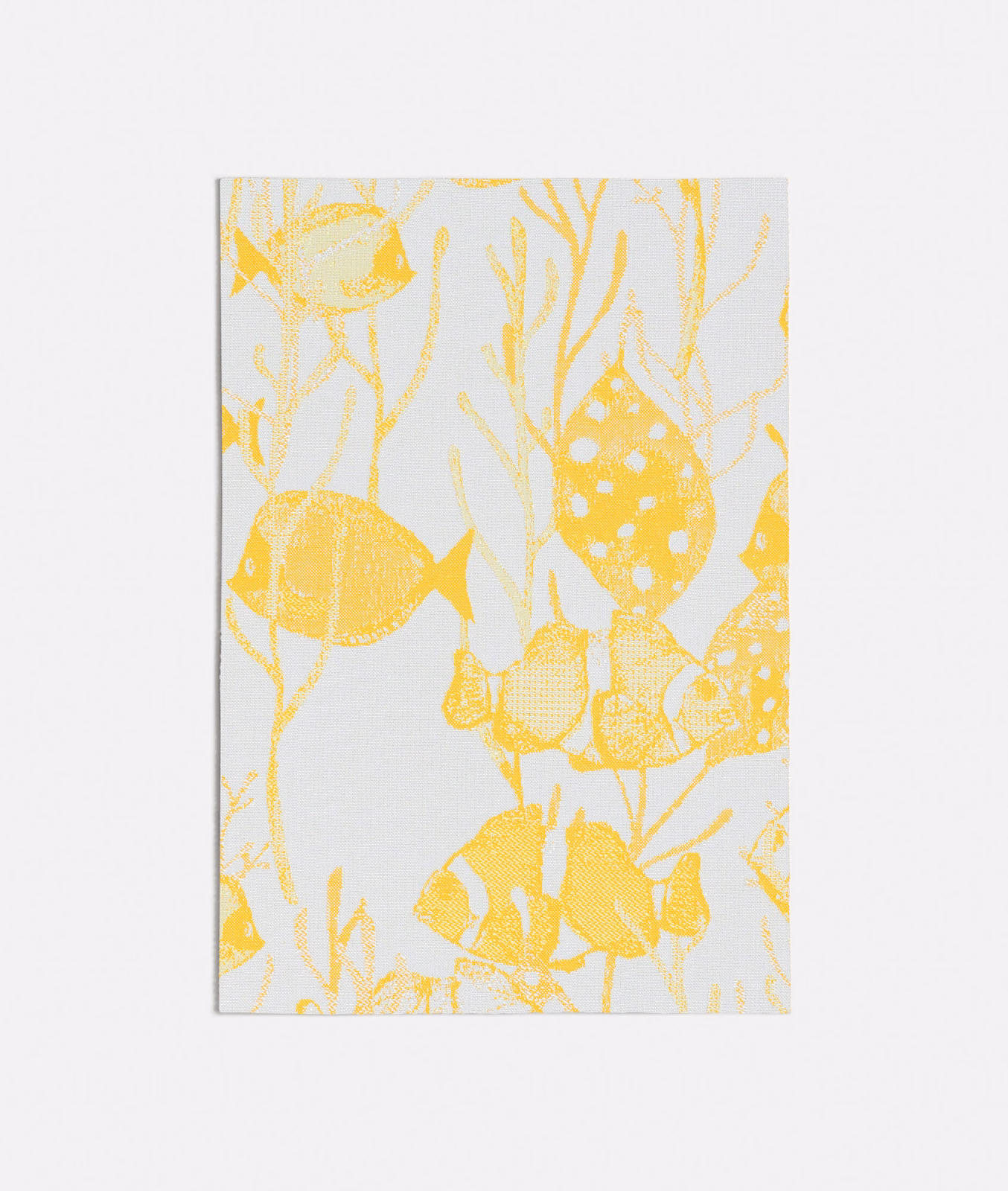 Lemon-yellow fish and seaweed motifs on a pale grey fabric ground